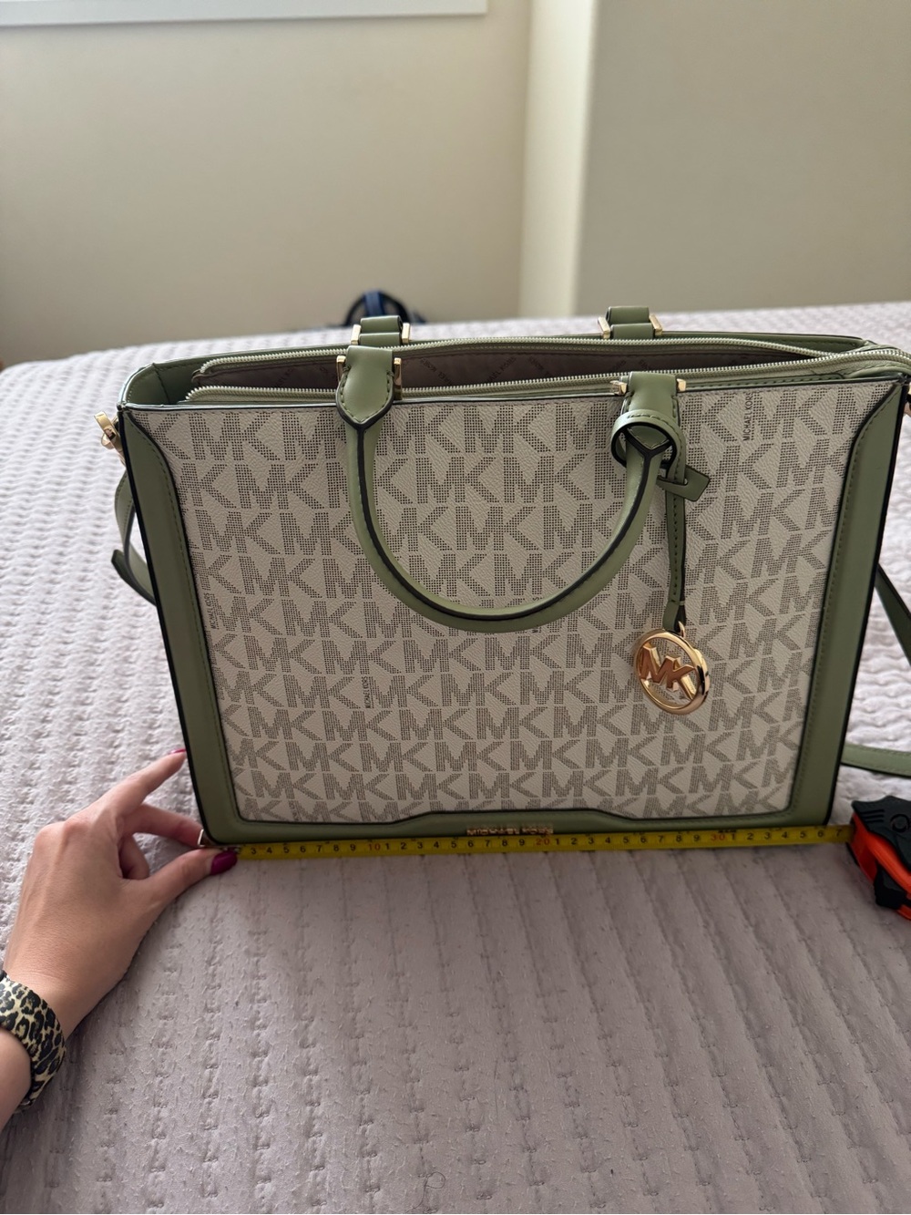 Michael Kors Beige Signature Satchel with Olive Trim